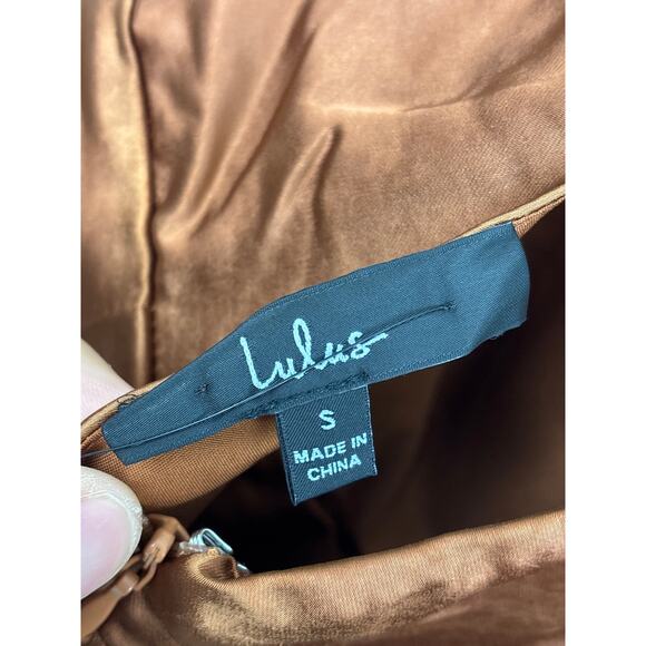 Lulus Women’s S Bronze Satin Hot Night Out Surplice Faux Wrap Midi Dress NWT - Picture 5 of 6
